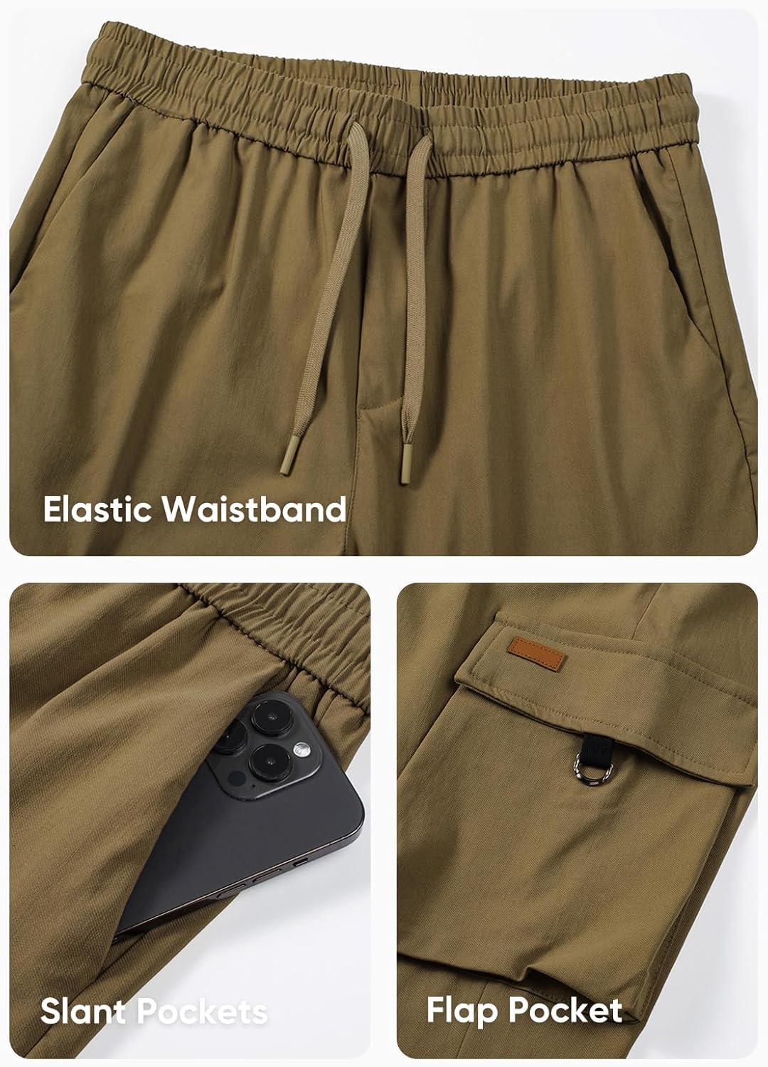 imageJMIERR Mens Cargo Pants Casual Lightweight Elastic Waist Drawstring Tapered Pant with PocketsBrown