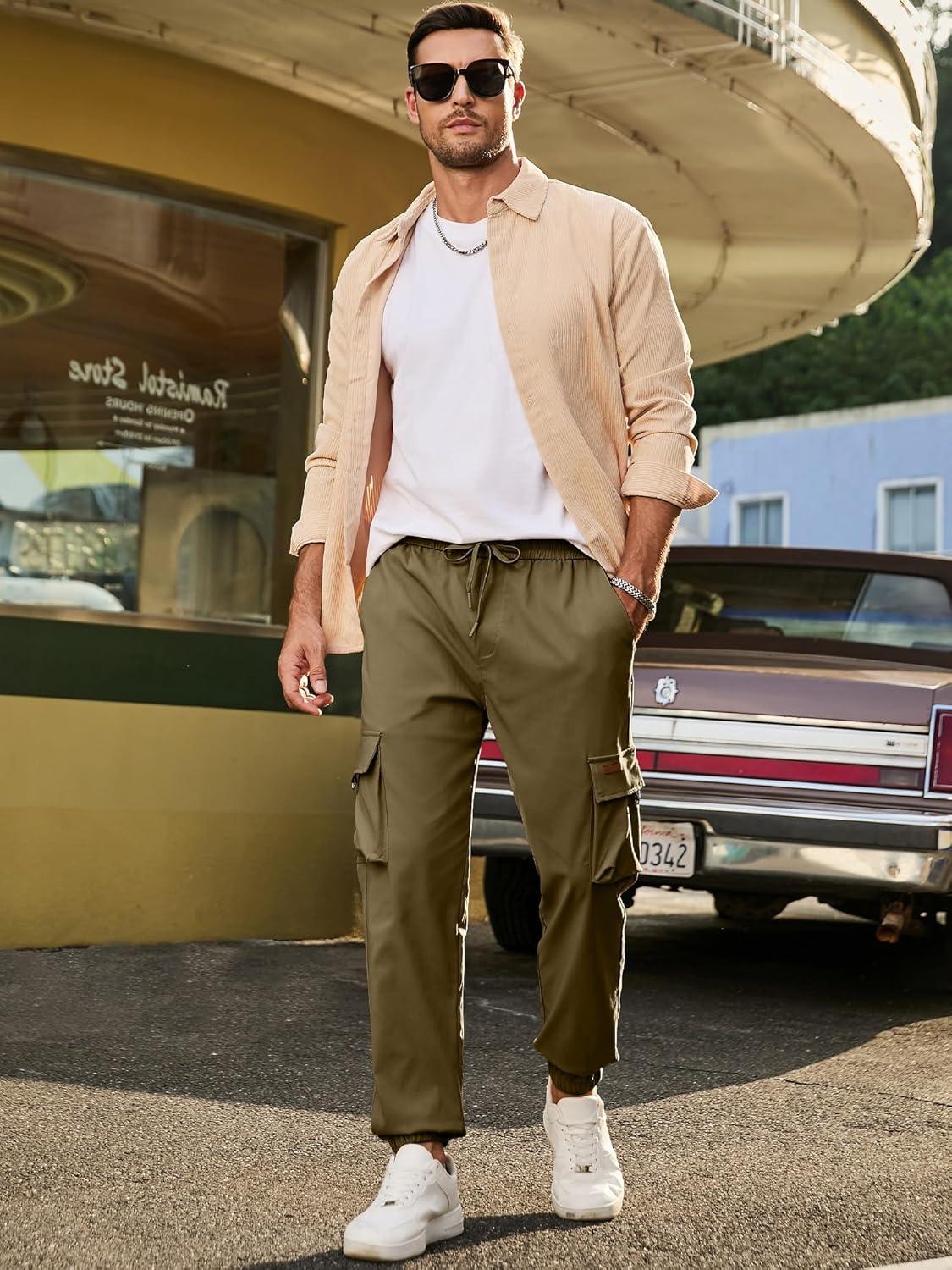 imageJMIERR Mens Cargo Pants Casual Lightweight Elastic Waist Drawstring Tapered Pant with PocketsBrown