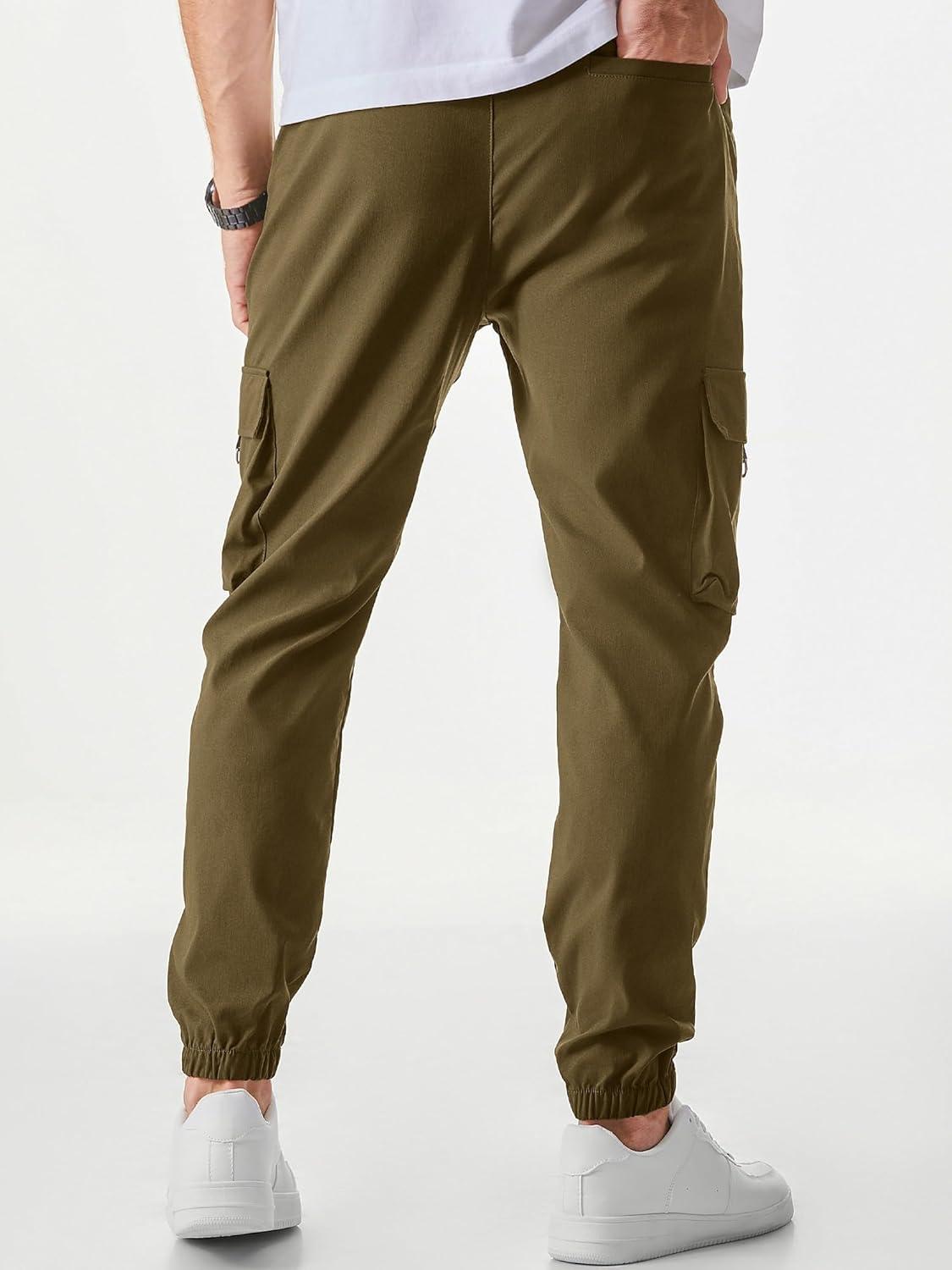 imageJMIERR Mens Cargo Pants Casual Lightweight Elastic Waist Drawstring Tapered Pant with PocketsBrown
