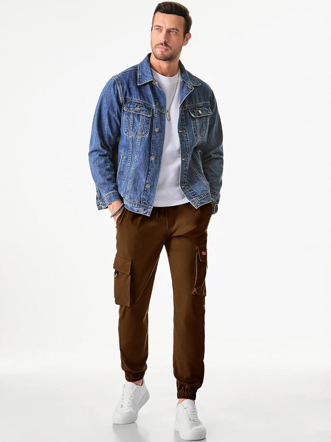 imageJMIERR Mens Cargo Pants Casual Lightweight Elastic Waist Drawstring Tapered Pant with PocketsCoffee