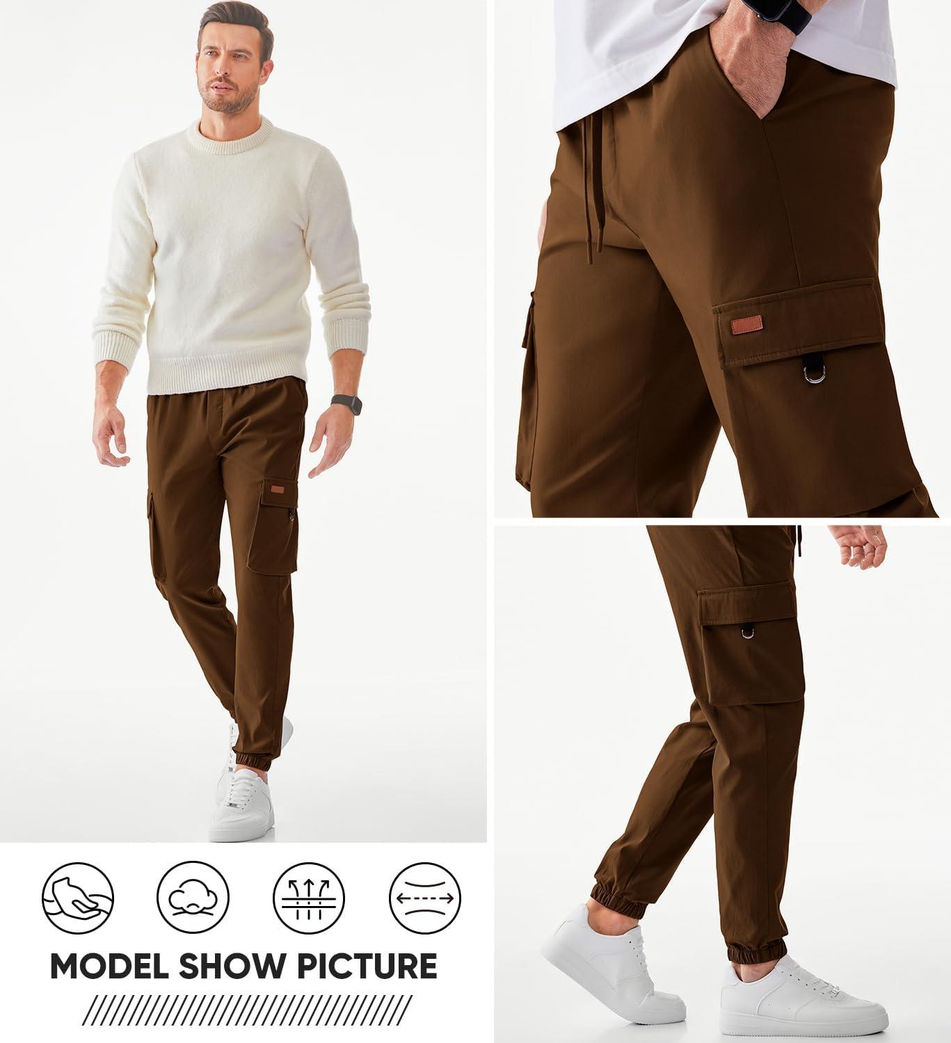 imageJMIERR Mens Cargo Pants Casual Lightweight Elastic Waist Drawstring Tapered Pant with PocketsCoffee