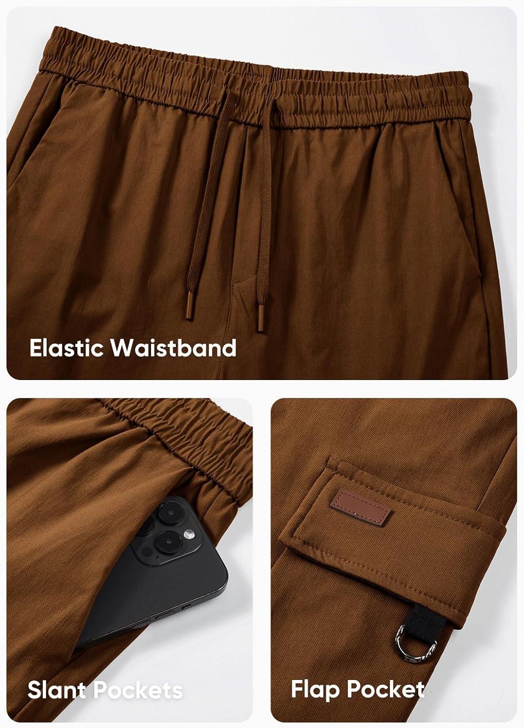 imageJMIERR Mens Cargo Pants Casual Lightweight Elastic Waist Drawstring Tapered Pant with PocketsCoffee