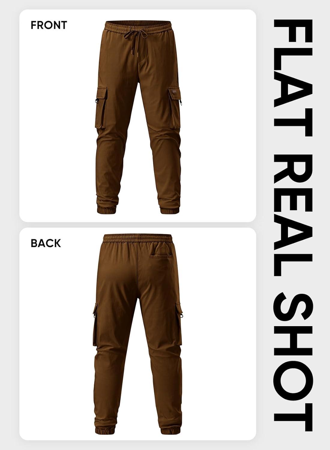 imageJMIERR Mens Cargo Pants Casual Lightweight Elastic Waist Drawstring Tapered Pant with PocketsCoffee