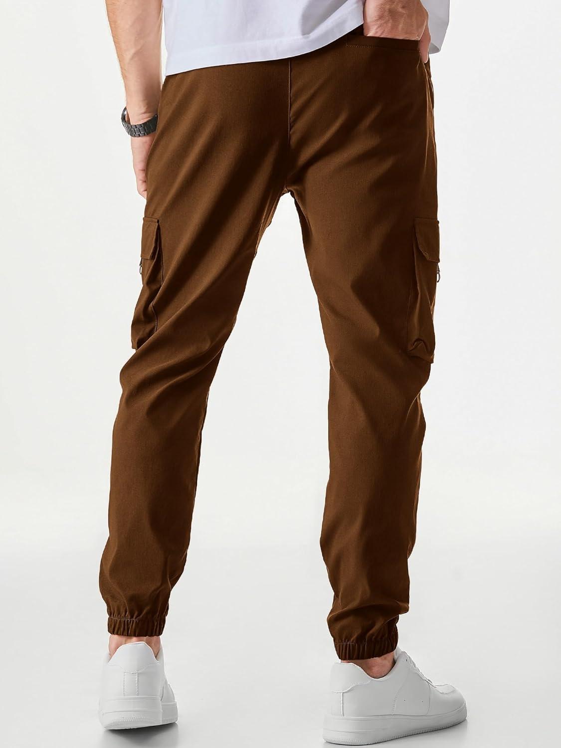 imageJMIERR Mens Cargo Pants Casual Lightweight Elastic Waist Drawstring Tapered Pant with PocketsCoffee