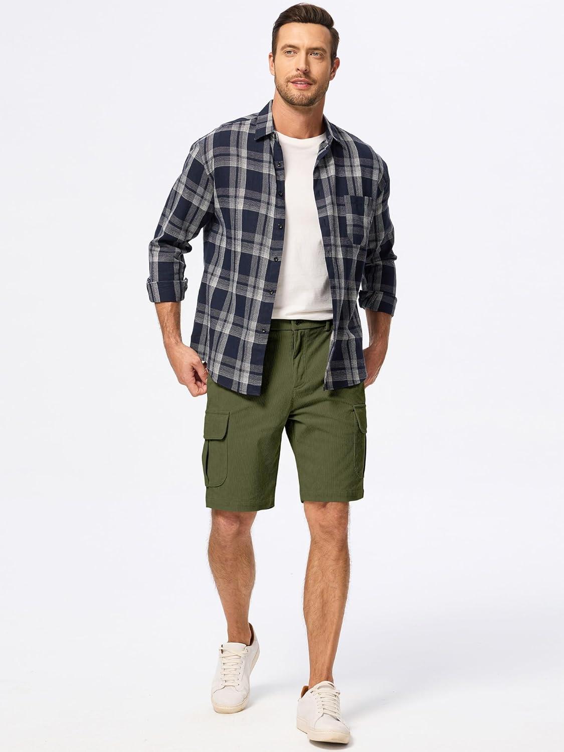 imageJMIERR Mens Cargo Shorts Corduroy Casual Elastic Waist Lightweight Outdoor Hiking Work ShortJungle Green