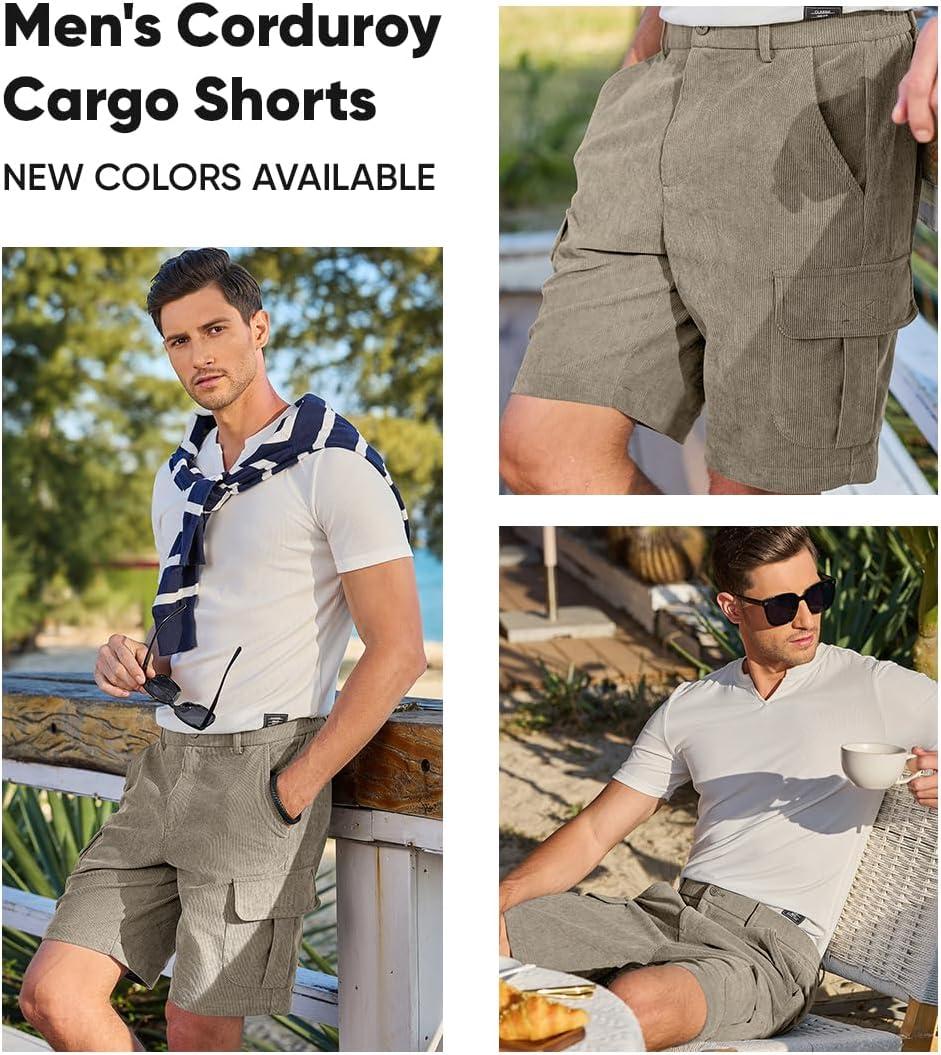 imageJMIERR Mens Cargo Shorts Corduroy Casual Elastic Waist Lightweight Outdoor Hiking Work ShortKhaki