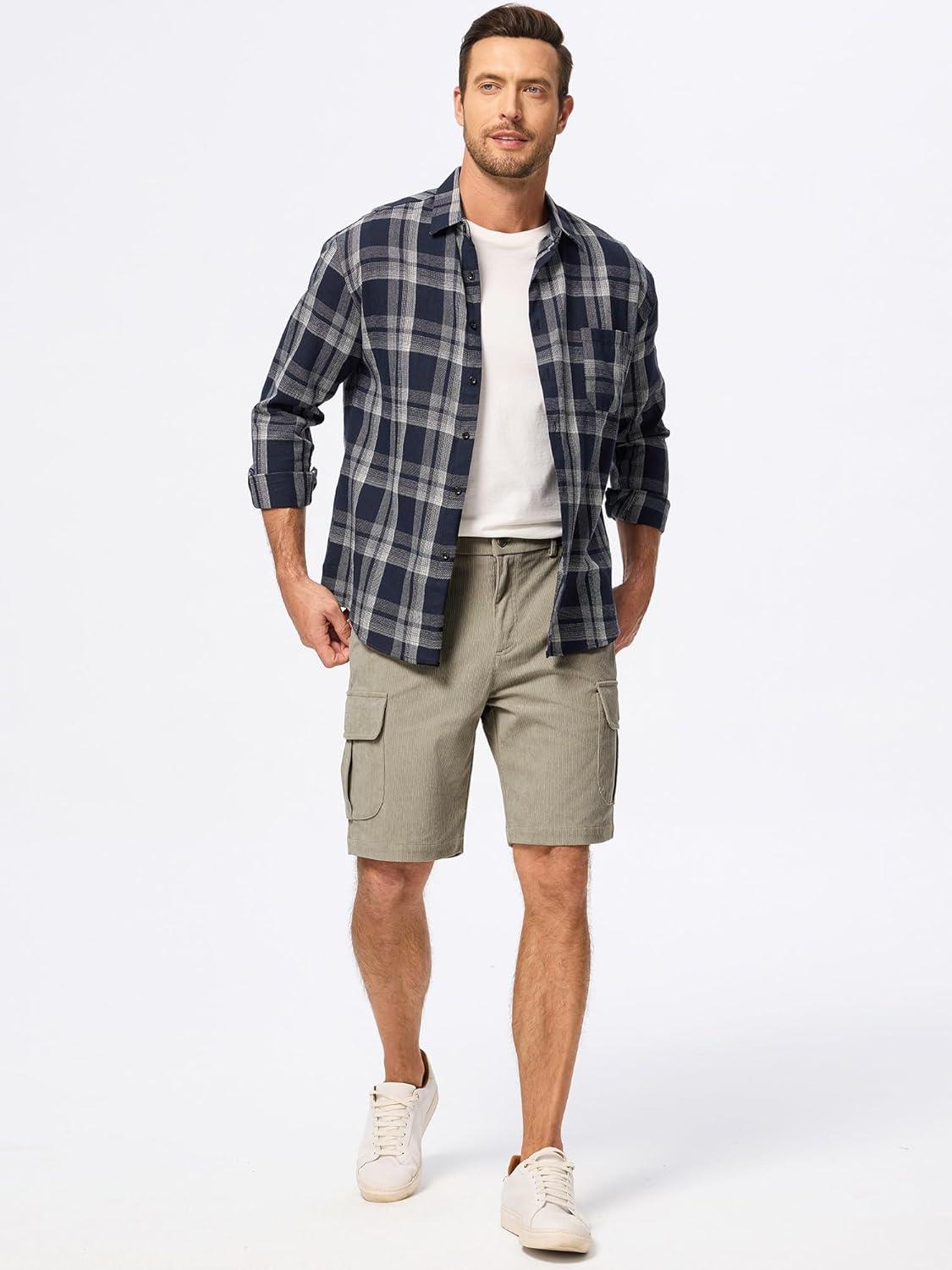 imageJMIERR Mens Cargo Shorts Corduroy Casual Elastic Waist Lightweight Outdoor Hiking Work ShortKhaki