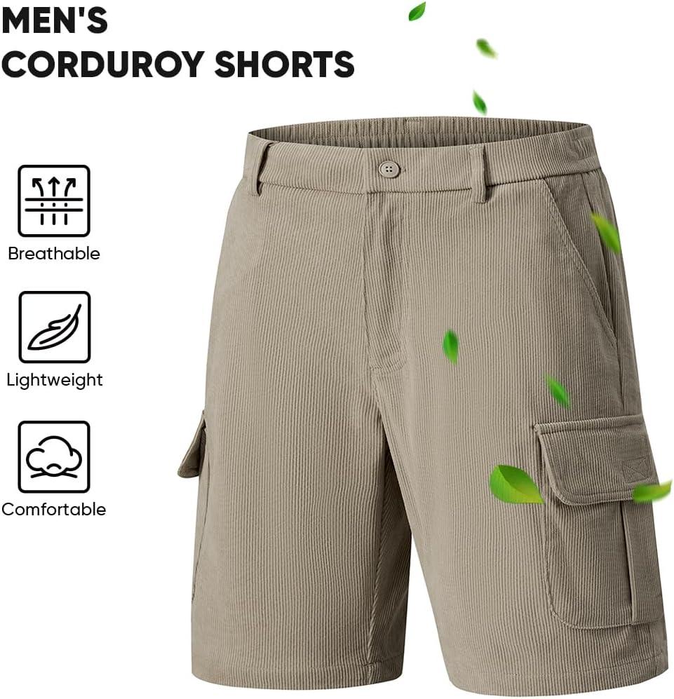 imageJMIERR Mens Cargo Shorts Corduroy Casual Elastic Waist Lightweight Outdoor Hiking Work ShortKhaki