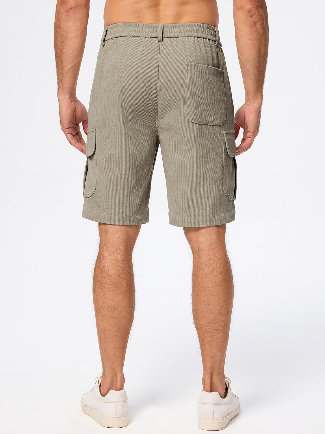 imageJMIERR Mens Cargo Shorts Corduroy Casual Elastic Waist Lightweight Outdoor Hiking Work ShortKhaki