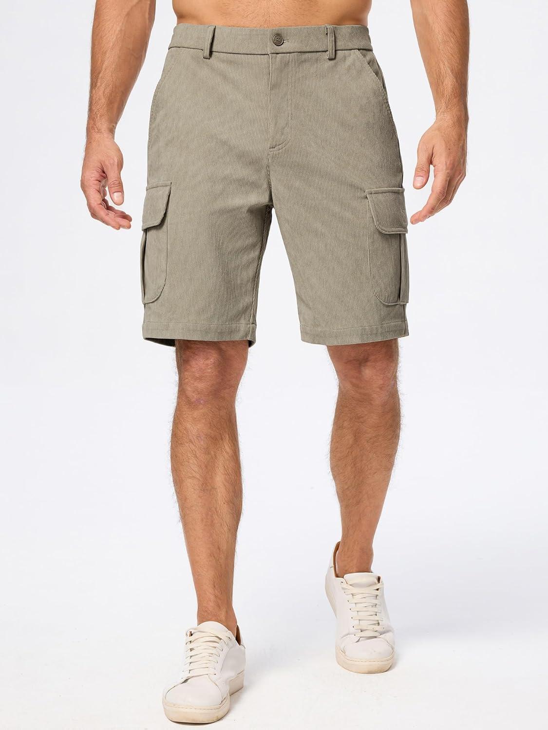 imageJMIERR Mens Cargo Shorts Corduroy Casual Elastic Waist Lightweight Outdoor Hiking Work ShortKhaki