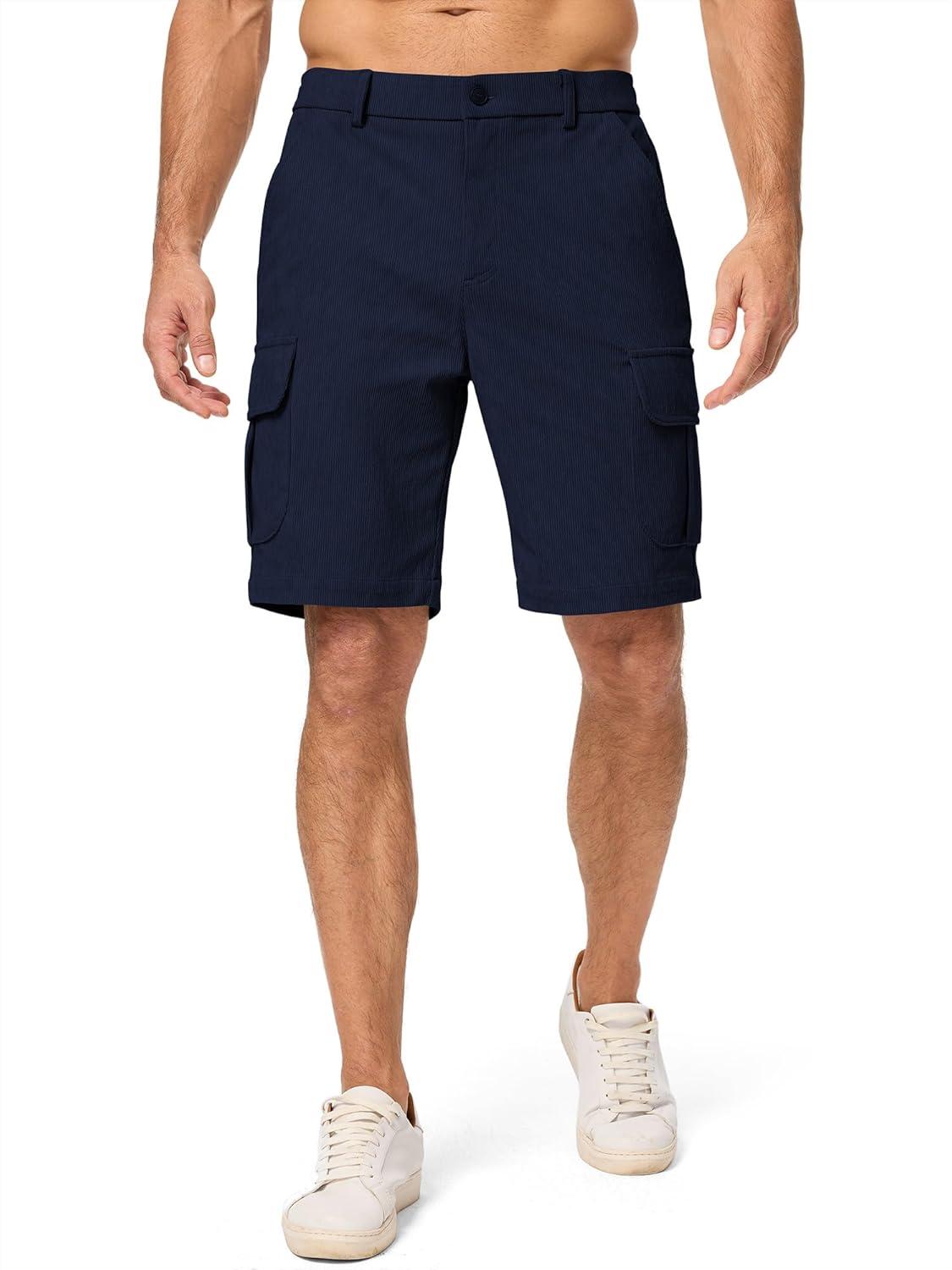 imageJMIERR Mens Cargo Shorts Corduroy Casual Elastic Waist Lightweight Outdoor Hiking Work ShortNavy Blue