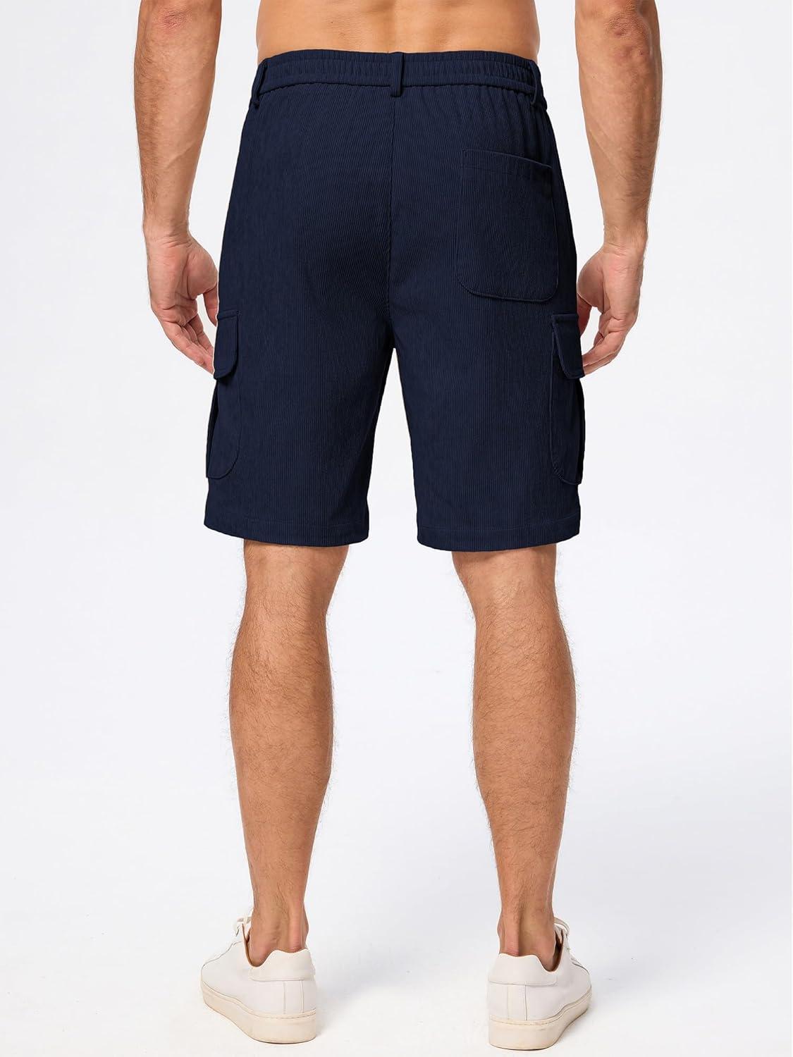 imageJMIERR Mens Cargo Shorts Corduroy Casual Elastic Waist Lightweight Outdoor Hiking Work ShortNavy Blue