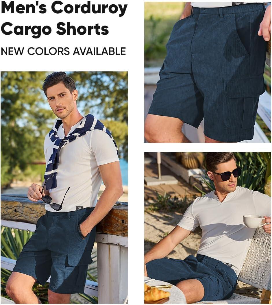imageJMIERR Mens Cargo Shorts Corduroy Casual Elastic Waist Lightweight Outdoor Hiking Work ShortSail Blue