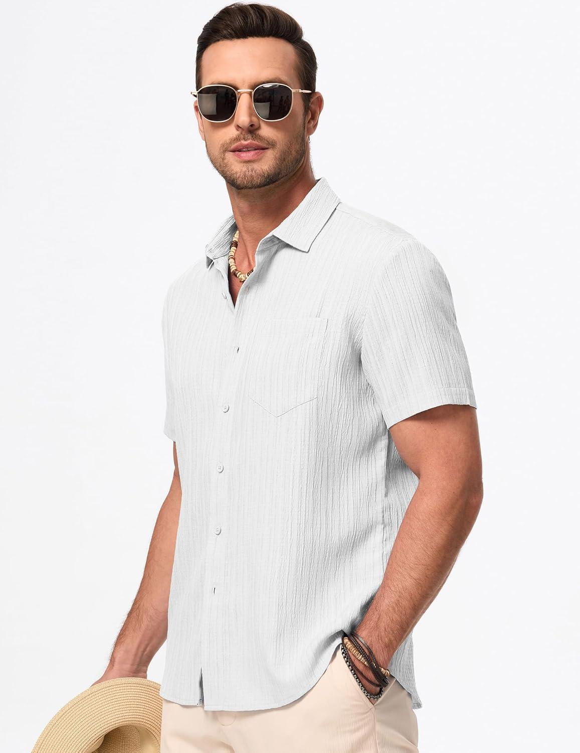 imageJMIERR Mens Casual Button Down Shirt Short Sleeve Summer Beach Vacation Shirts Textured Shirts with PocketWhite