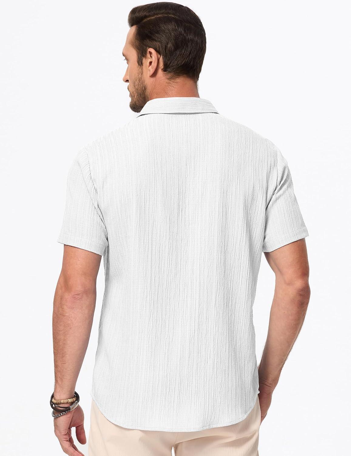 imageJMIERR Mens Casual Button Down Shirt Short Sleeve Summer Beach Vacation Shirts Textured Shirts with PocketWhite