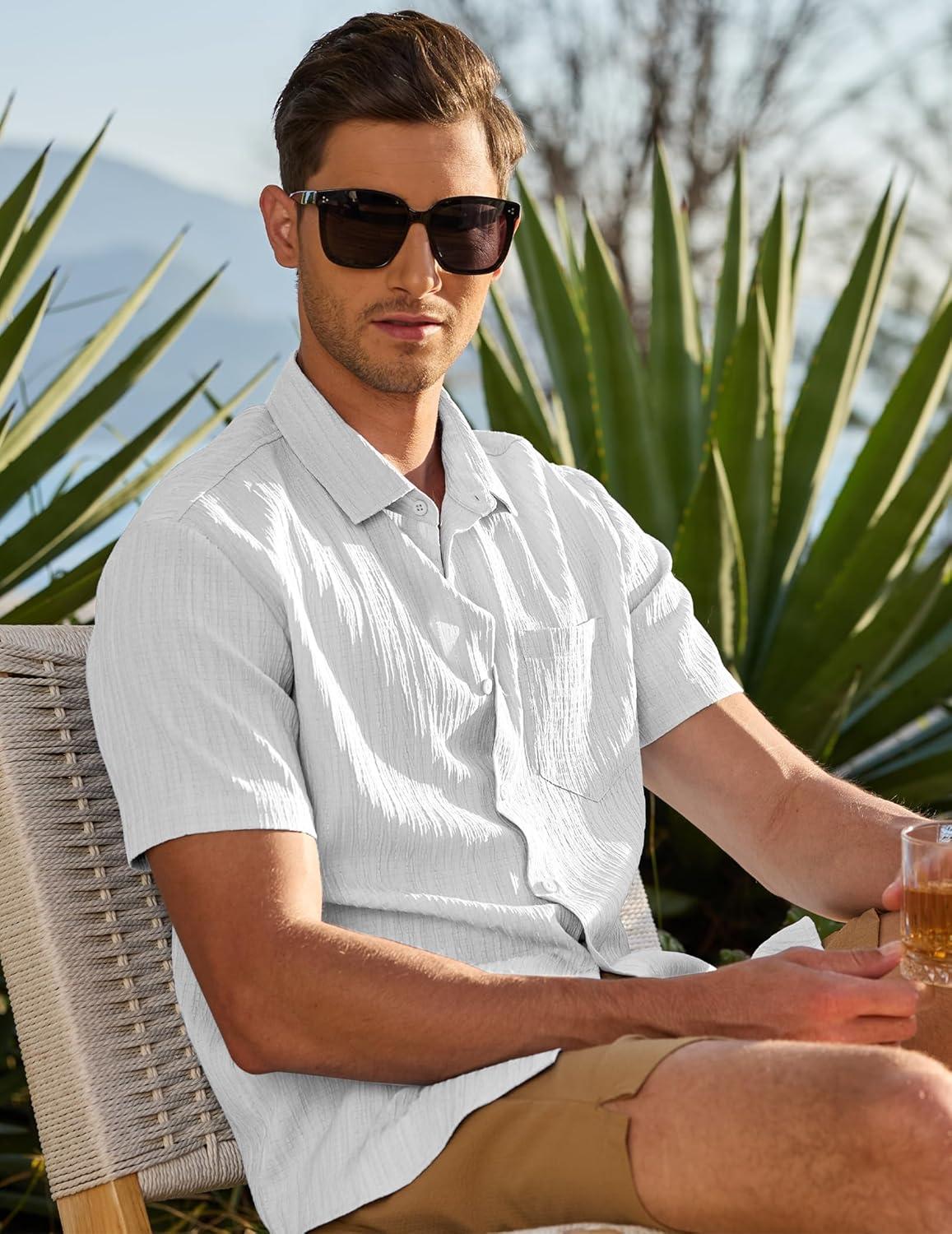 imageJMIERR Mens Casual Button Down Shirt Short Sleeve Summer Beach Vacation Shirts Textured Shirts with PocketWhite