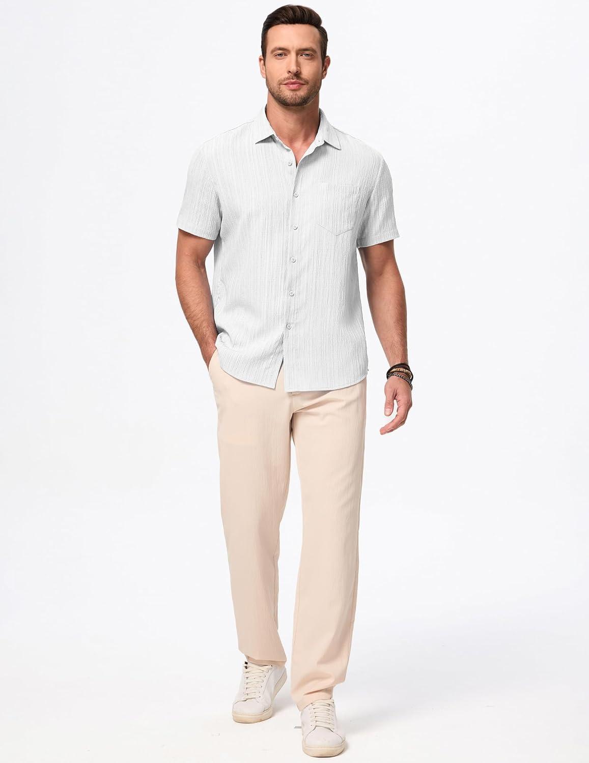 imageJMIERR Mens Casual Button Down Shirt Short Sleeve Summer Beach Vacation Shirts Textured Shirts with PocketWhite