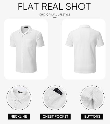 imageJMIERR Mens Casual Button Down Shirt Short Sleeve Summer Beach Vacation Shirts Textured Shirts with PocketWhite
