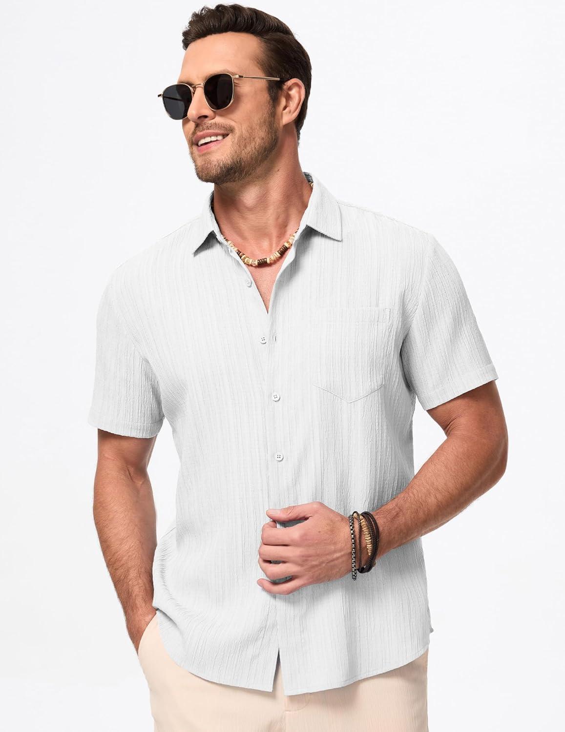 imageJMIERR Mens Casual Button Down Shirt Short Sleeve Summer Beach Vacation Shirts Textured Shirts with PocketWhite