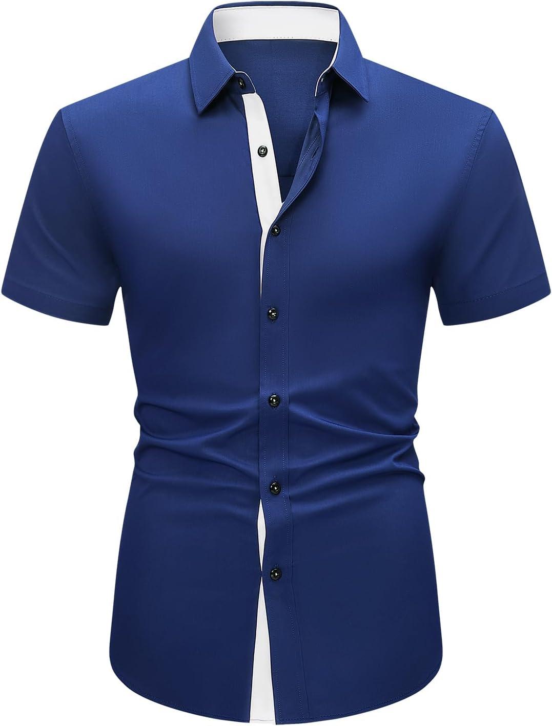 imageJMIERR Mens Casual Button Down Shirts WrinkleFree Short Sleeve Business Dress ShirtA Blue