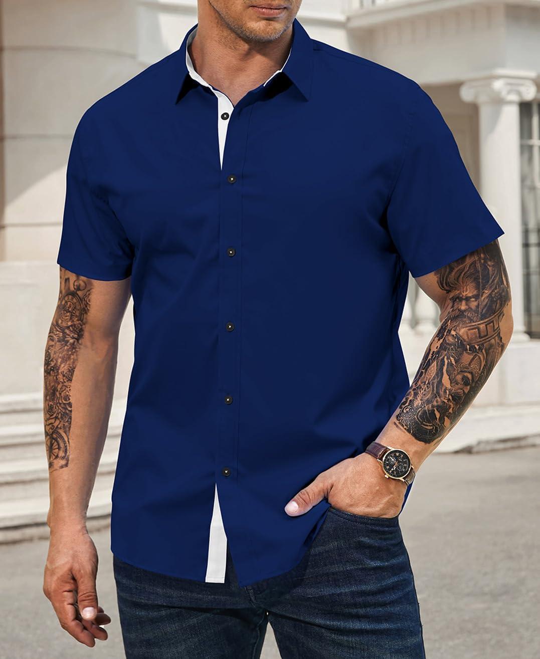 imageJMIERR Mens Casual Button Down Shirts WrinkleFree Short Sleeve Business Dress ShirtA Blue