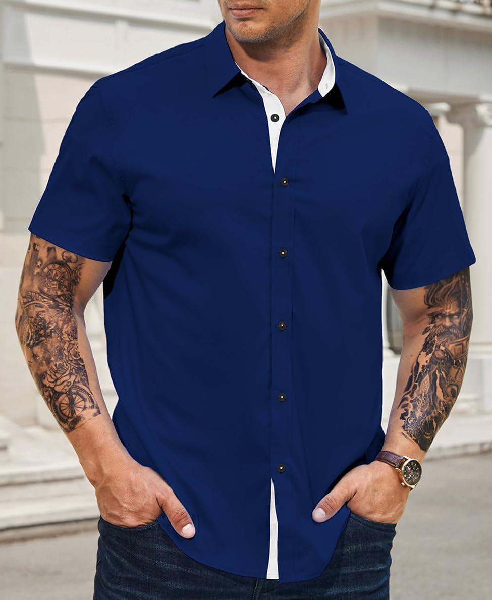 imageJMIERR Mens Casual Button Down Shirts WrinkleFree Short Sleeve Business Dress ShirtA Blue