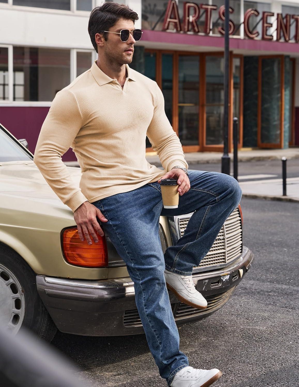 imageJMIERR Mens Casual Buttonless Polo Shirt Long Sleeve V Neck Ribbed Knit Golf ShirtsA Beige White