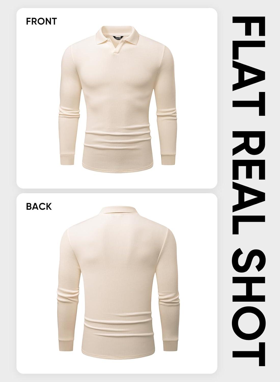imageJMIERR Mens Casual Buttonless Polo Shirt Long Sleeve V Neck Ribbed Knit Golf ShirtsA Beige White