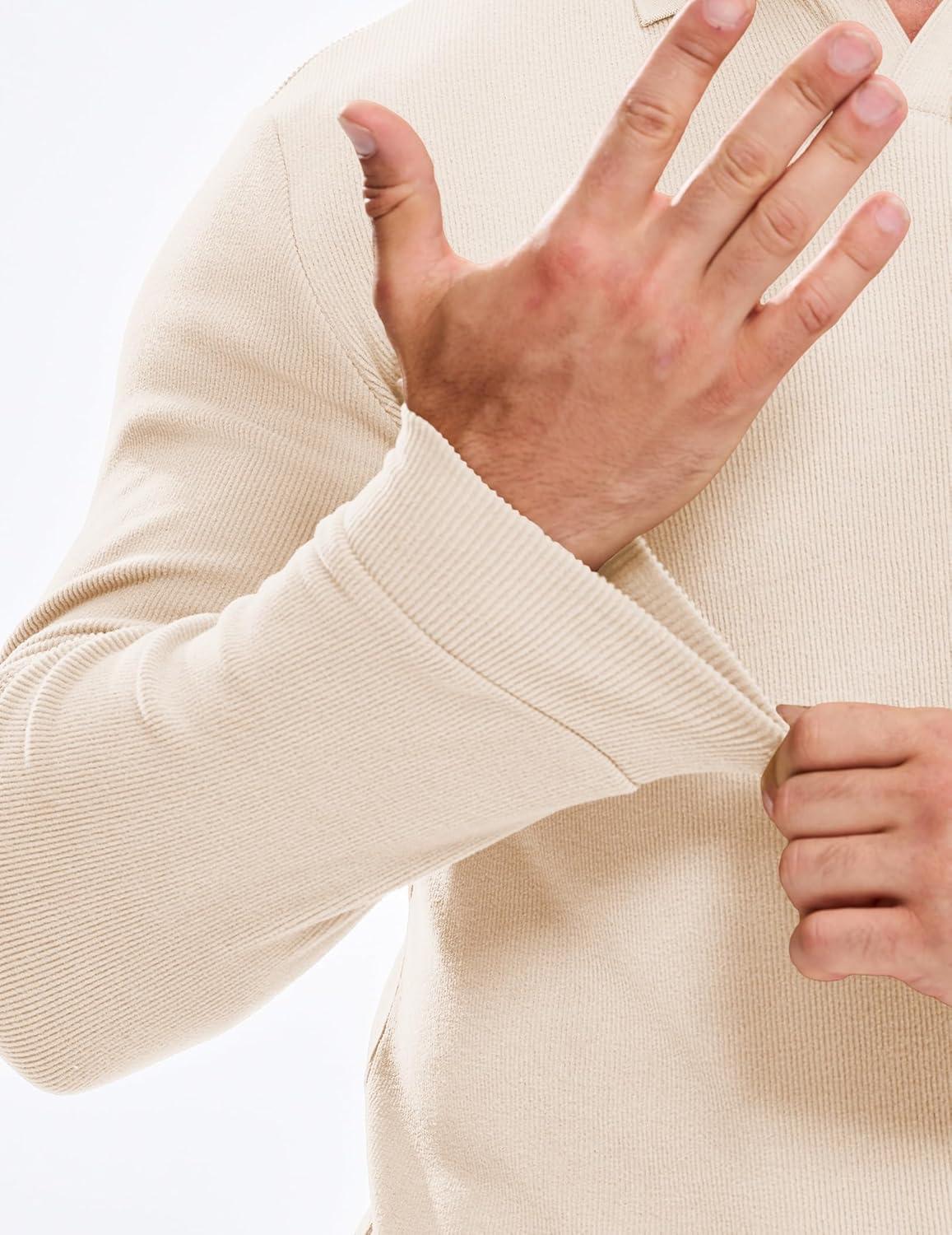 imageJMIERR Mens Casual Buttonless Polo Shirt Long Sleeve V Neck Ribbed Knit Golf ShirtsA Beige White