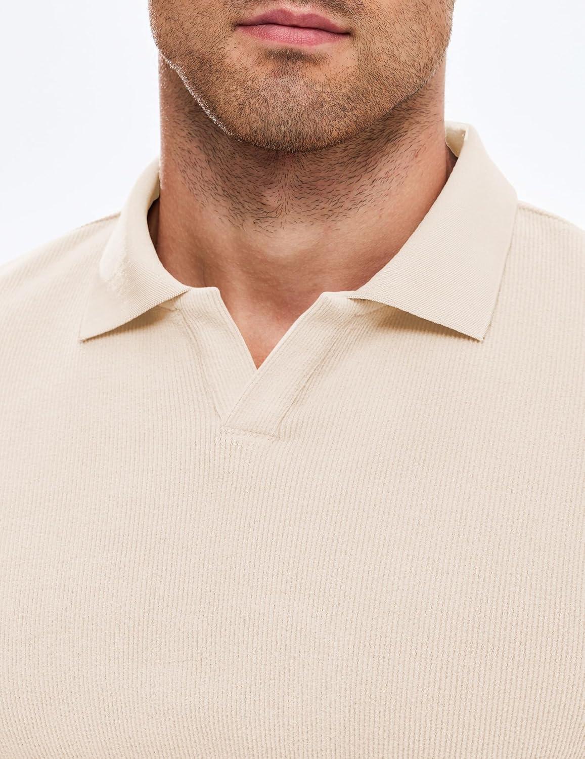 imageJMIERR Mens Casual Buttonless Polo Shirt Long Sleeve V Neck Ribbed Knit Golf ShirtsA Beige White