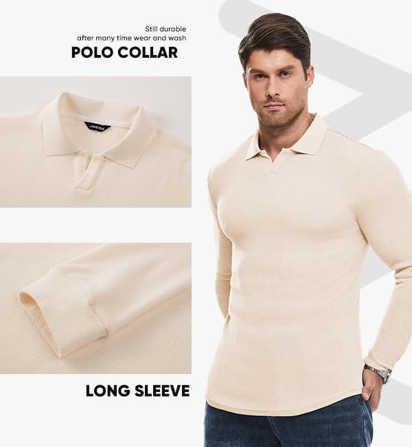 imageJMIERR Mens Casual Buttonless Polo Shirt Long Sleeve V Neck Ribbed Knit Golf ShirtsA Beige White