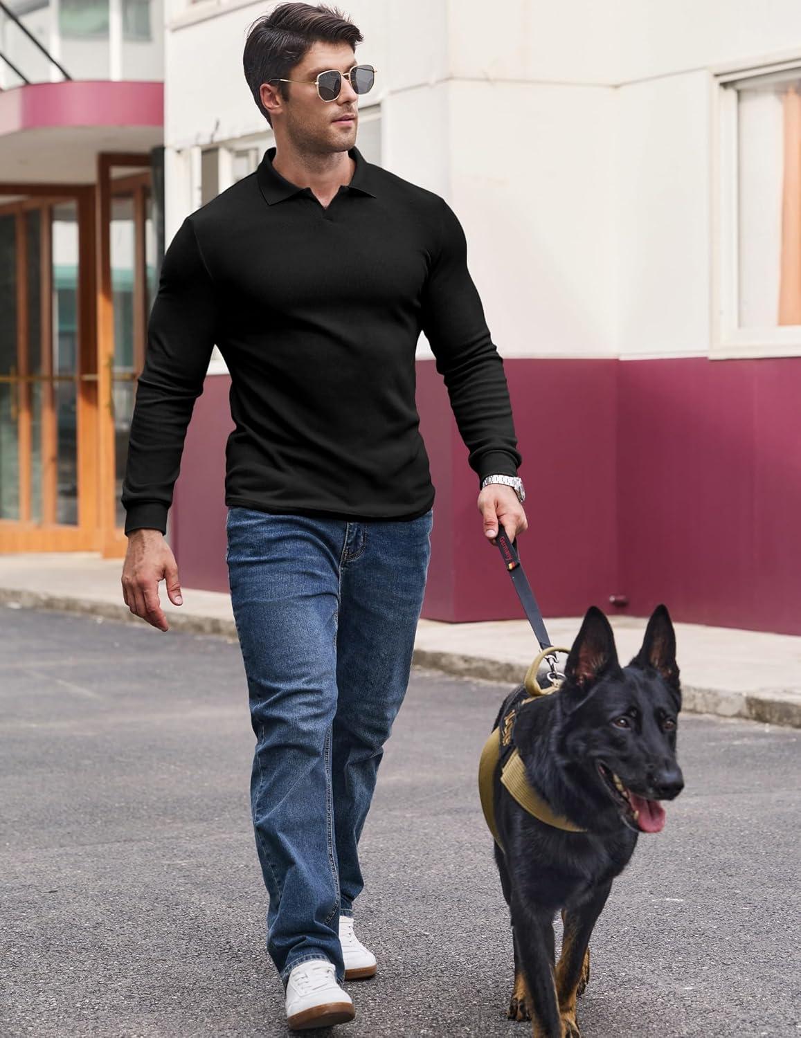 imageJMIERR Mens Casual Buttonless Polo Shirt Long Sleeve V Neck Ribbed Knit Golf ShirtsA Black