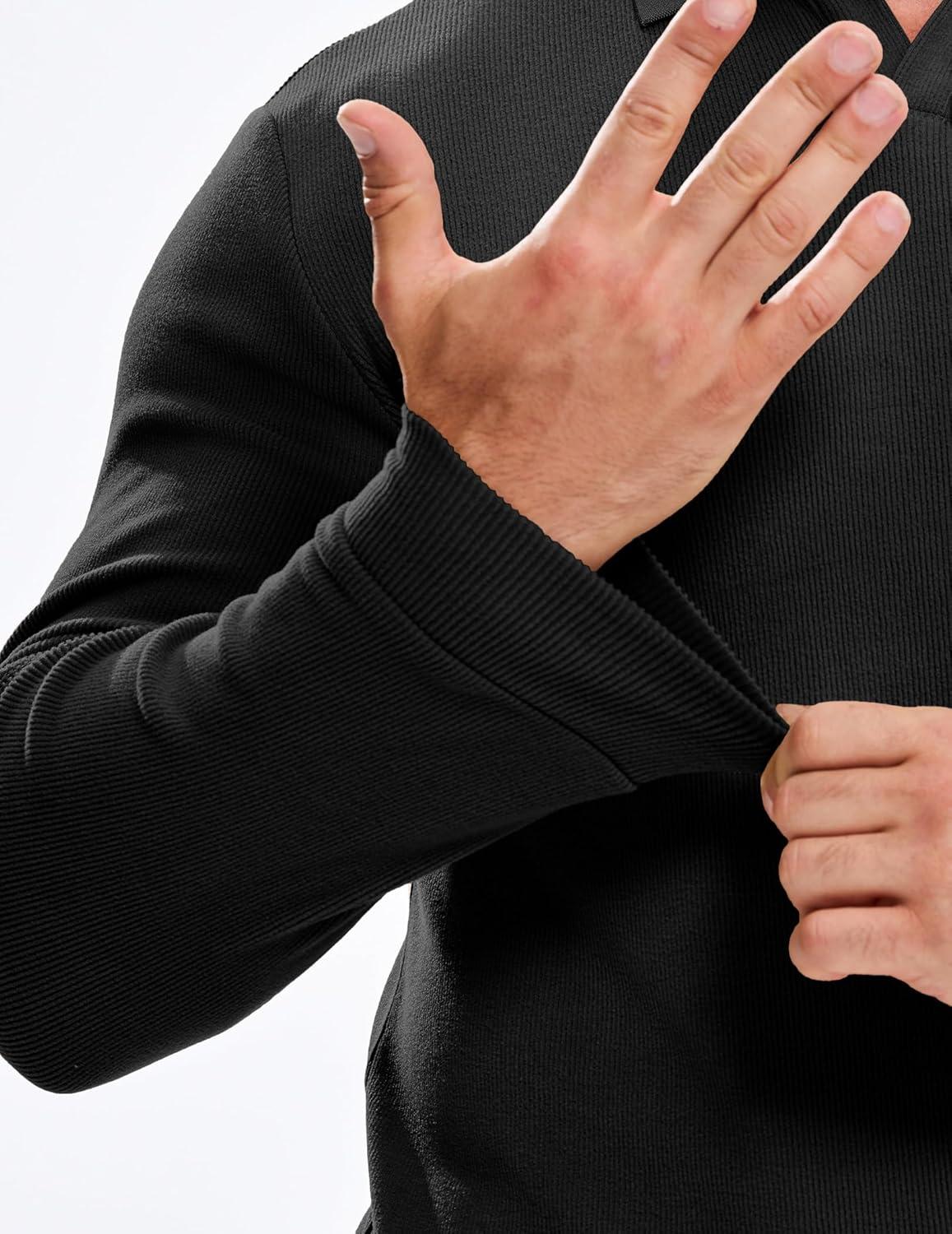 imageJMIERR Mens Casual Buttonless Polo Shirt Long Sleeve V Neck Ribbed Knit Golf ShirtsA Black