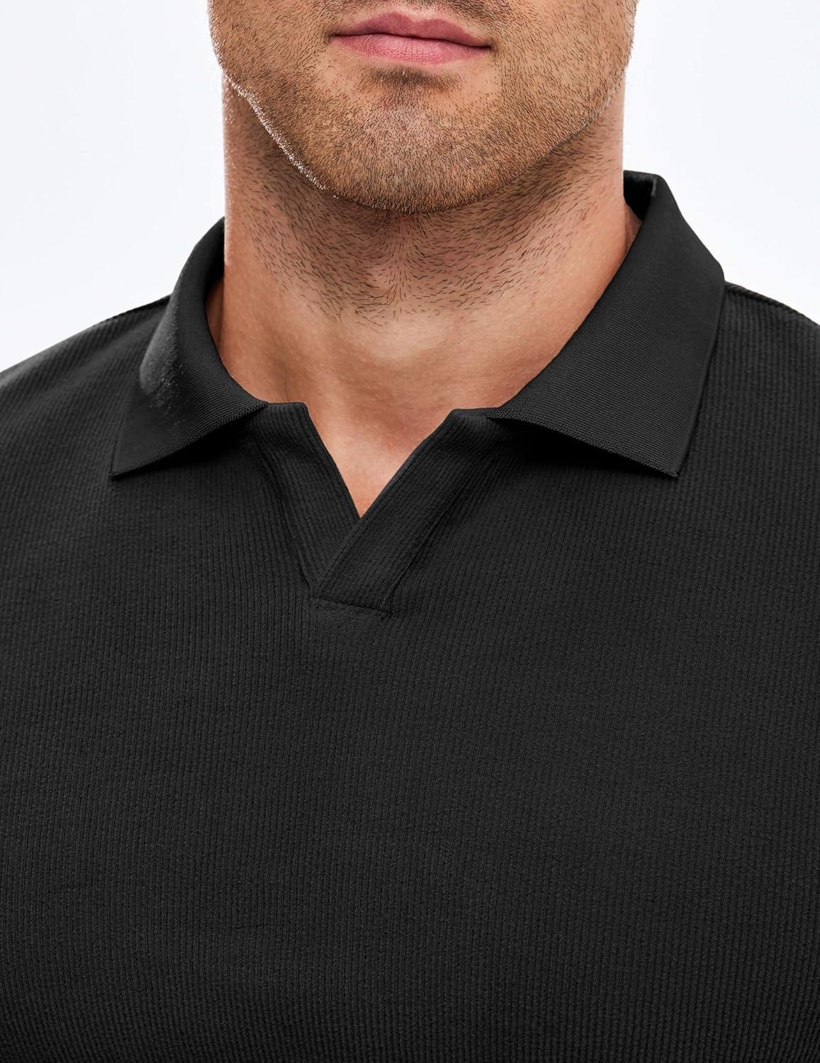 imageJMIERR Mens Casual Buttonless Polo Shirt Long Sleeve V Neck Ribbed Knit Golf ShirtsA Black