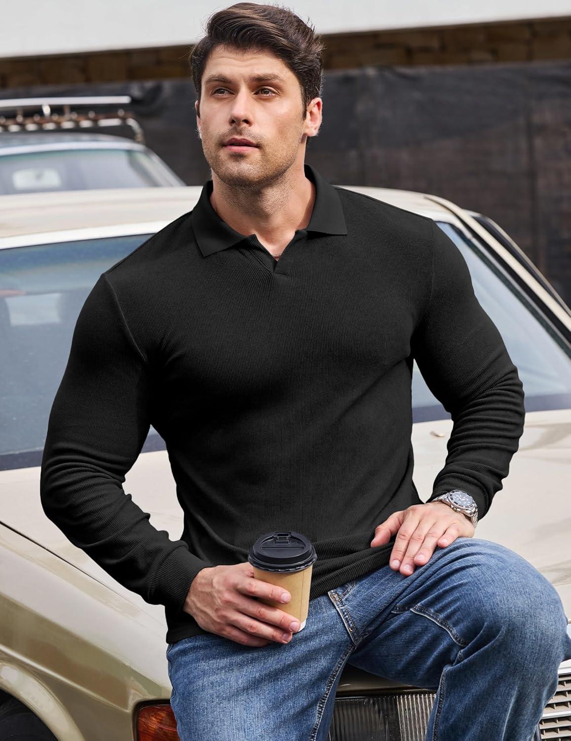 imageJMIERR Mens Casual Buttonless Polo Shirt Long Sleeve V Neck Ribbed Knit Golf ShirtsA Black