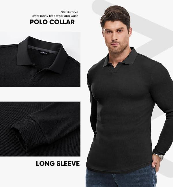 imageJMIERR Mens Casual Buttonless Polo Shirt Long Sleeve V Neck Ribbed Knit Golf ShirtsA Black