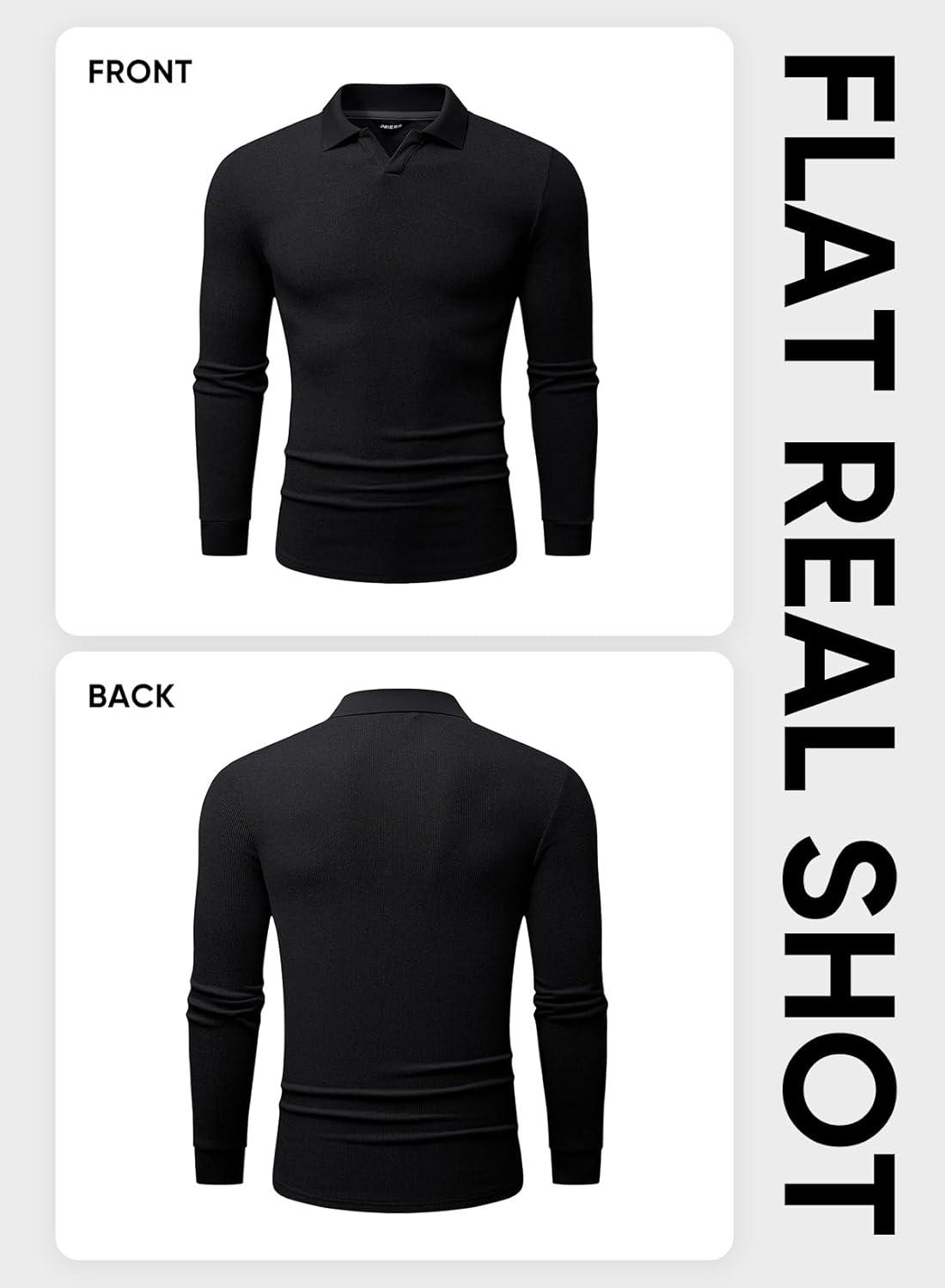 imageJMIERR Mens Casual Buttonless Polo Shirt Long Sleeve V Neck Ribbed Knit Golf ShirtsA Black