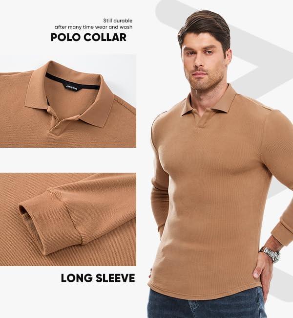 imageJMIERR Mens Casual Buttonless Polo Shirt Long Sleeve V Neck Ribbed Knit Golf ShirtsA Camel
