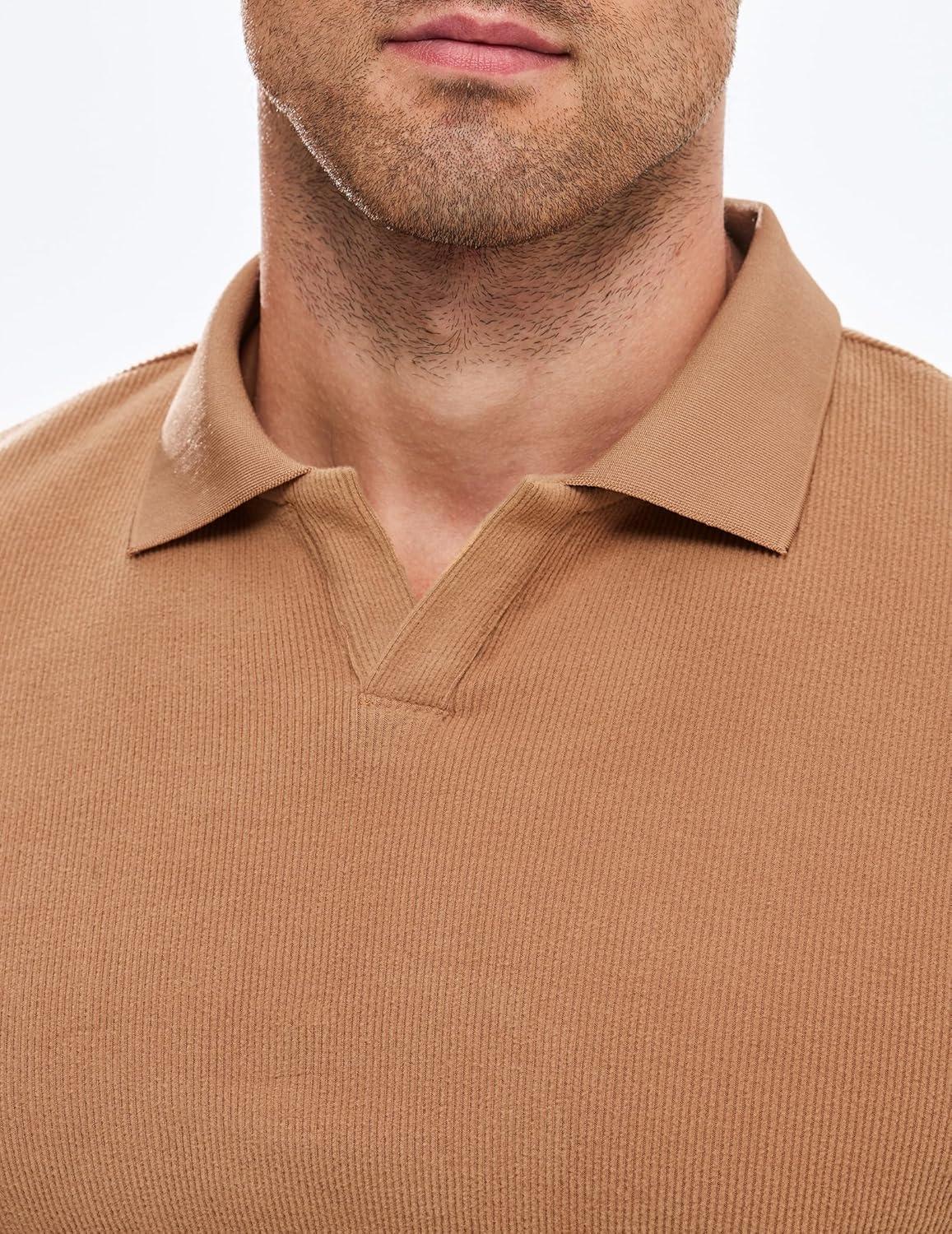 imageJMIERR Mens Casual Buttonless Polo Shirt Long Sleeve V Neck Ribbed Knit Golf ShirtsA Camel