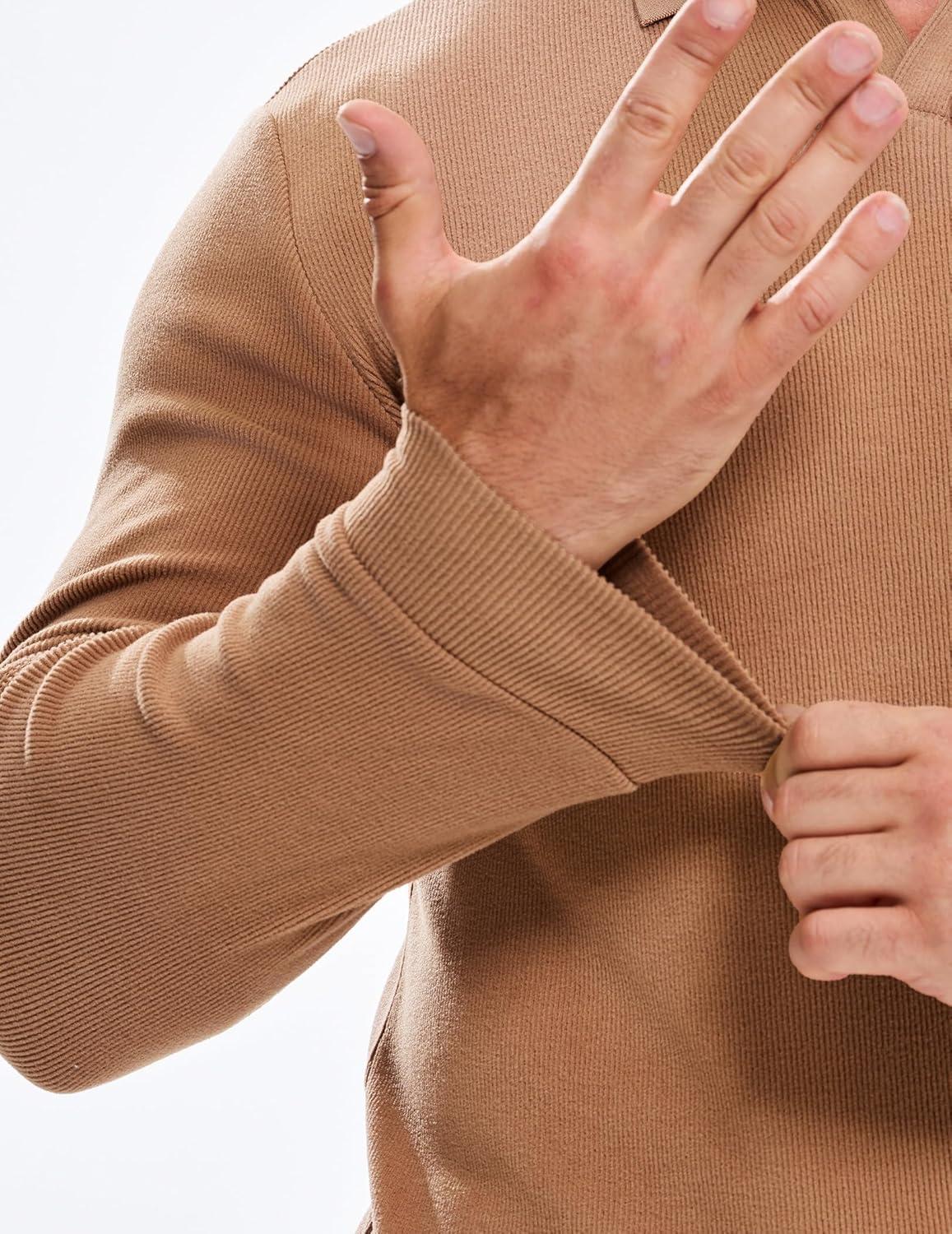 imageJMIERR Mens Casual Buttonless Polo Shirt Long Sleeve V Neck Ribbed Knit Golf ShirtsA Camel