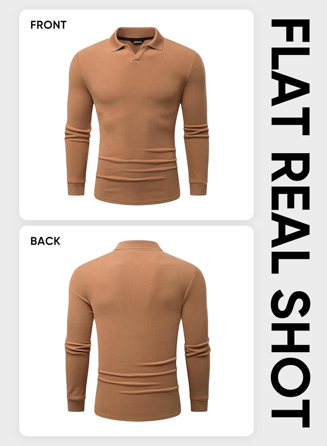 imageJMIERR Mens Casual Buttonless Polo Shirt Long Sleeve V Neck Ribbed Knit Golf ShirtsA Camel