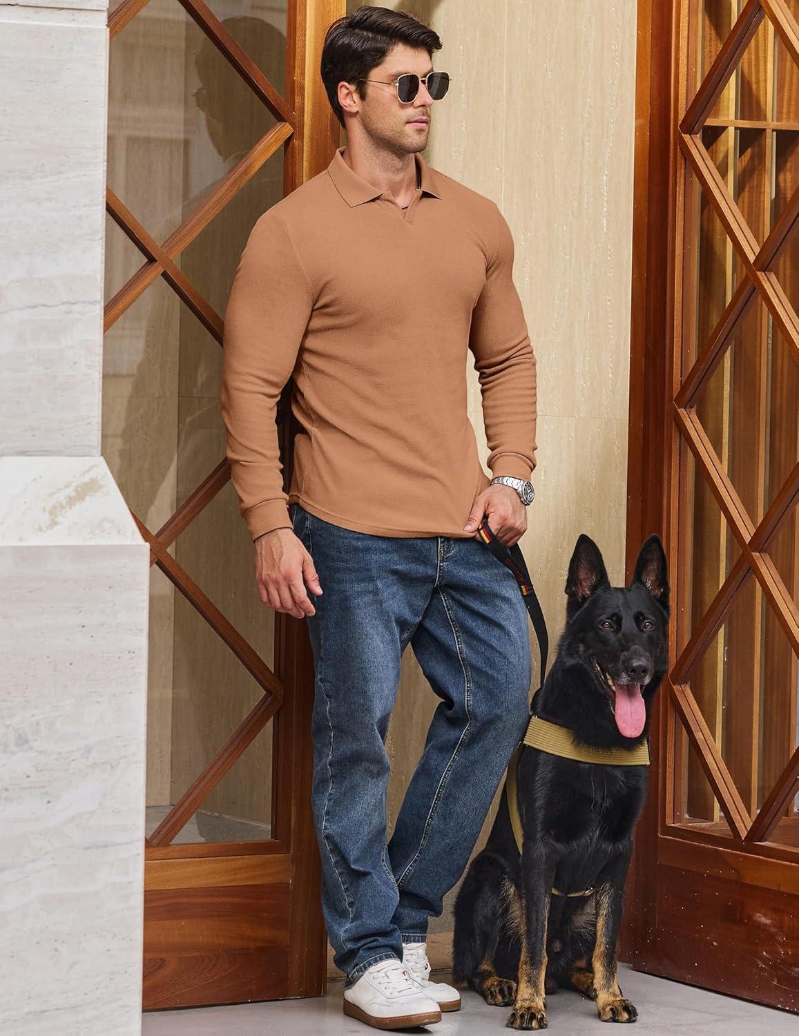 imageJMIERR Mens Casual Buttonless Polo Shirt Long Sleeve V Neck Ribbed Knit Golf ShirtsA Camel