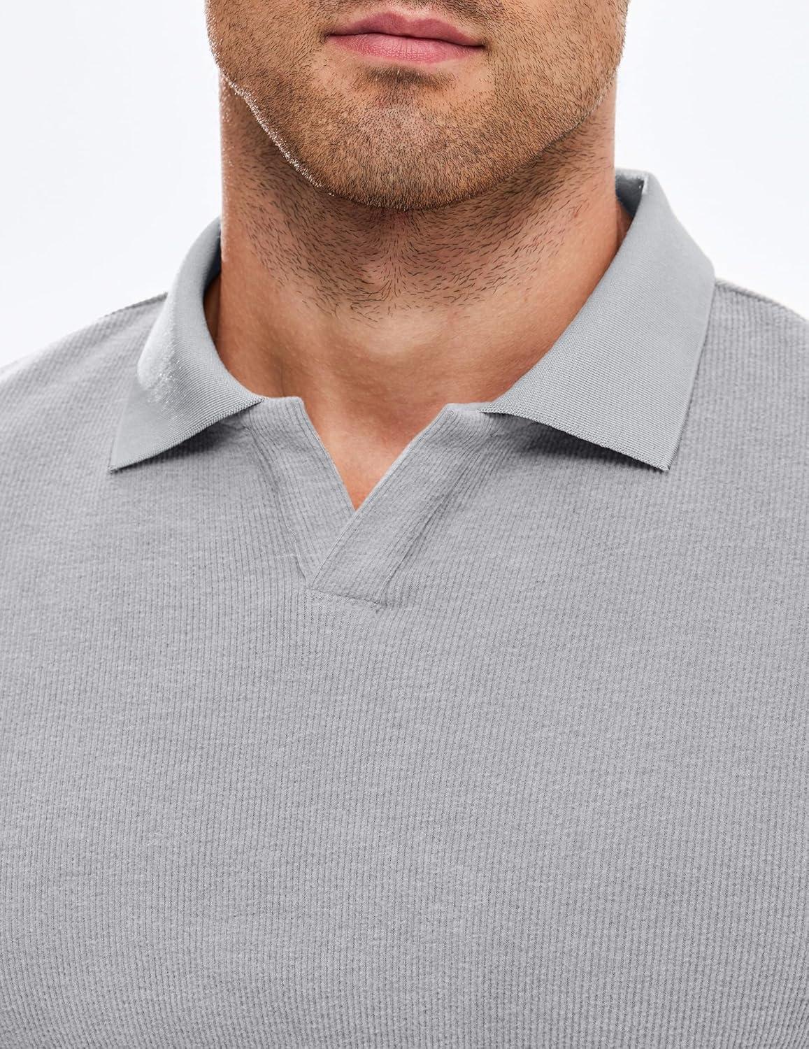 imageJMIERR Mens Casual Buttonless Polo Shirt Long Sleeve V Neck Ribbed Knit Golf ShirtsA Light Grey