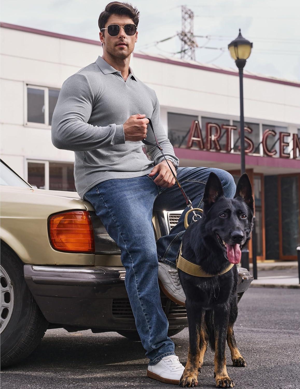 imageJMIERR Mens Casual Buttonless Polo Shirt Long Sleeve V Neck Ribbed Knit Golf ShirtsA Light Grey