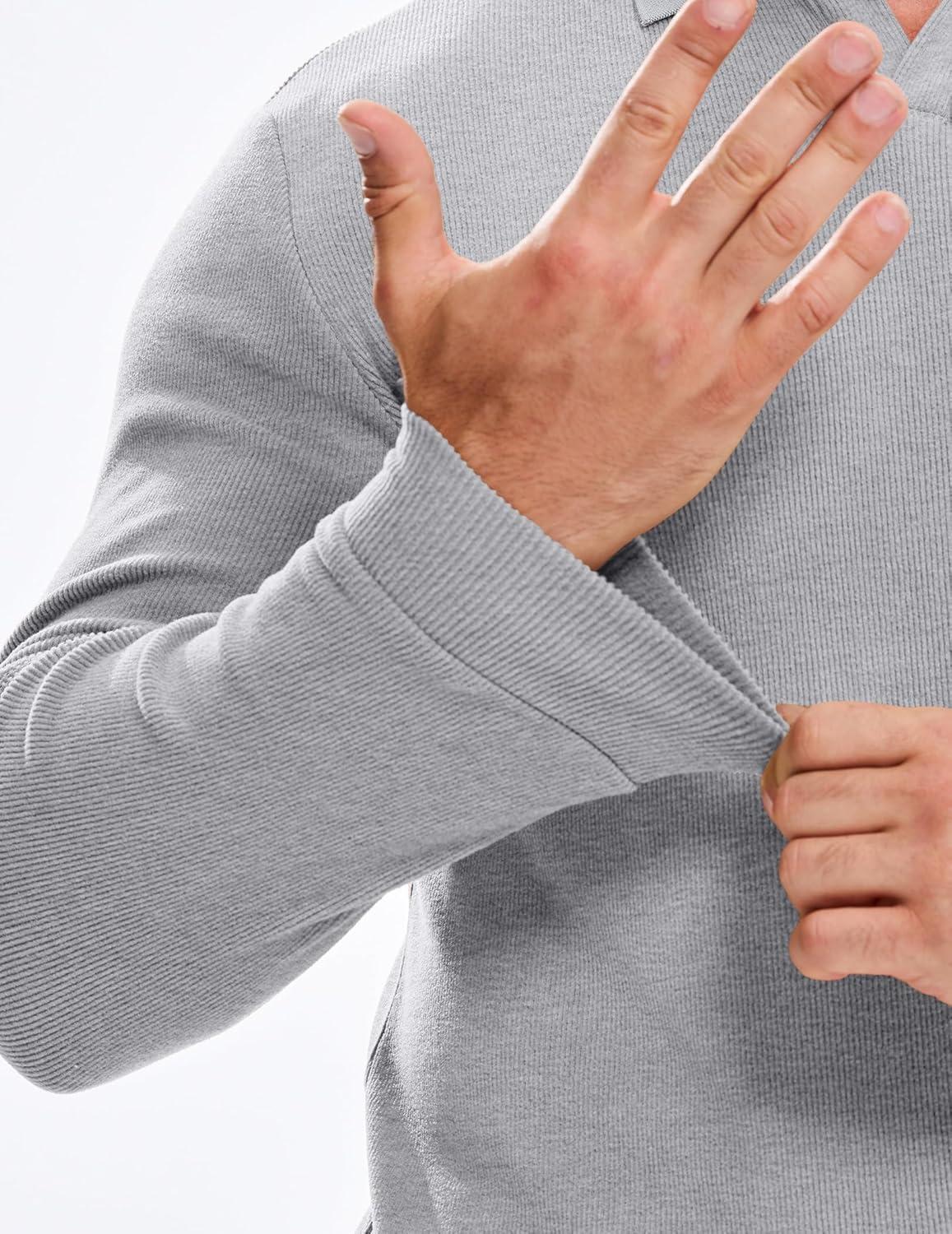 imageJMIERR Mens Casual Buttonless Polo Shirt Long Sleeve V Neck Ribbed Knit Golf ShirtsA Light Grey
