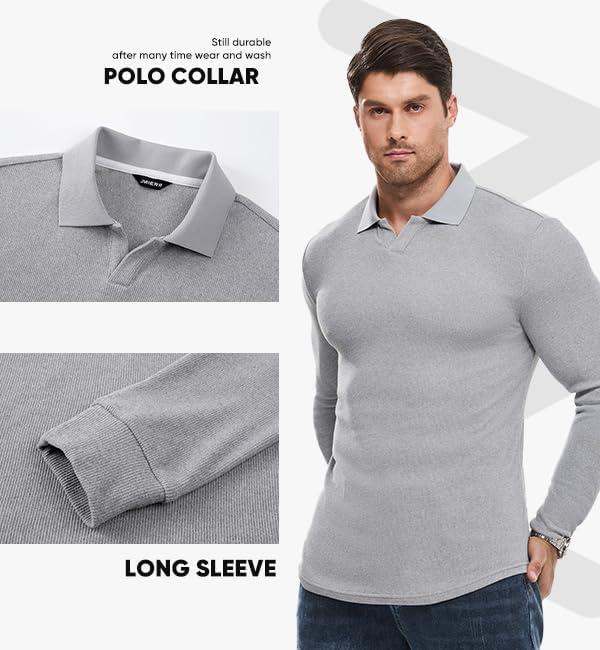 imageJMIERR Mens Casual Buttonless Polo Shirt Long Sleeve V Neck Ribbed Knit Golf ShirtsA Light Grey