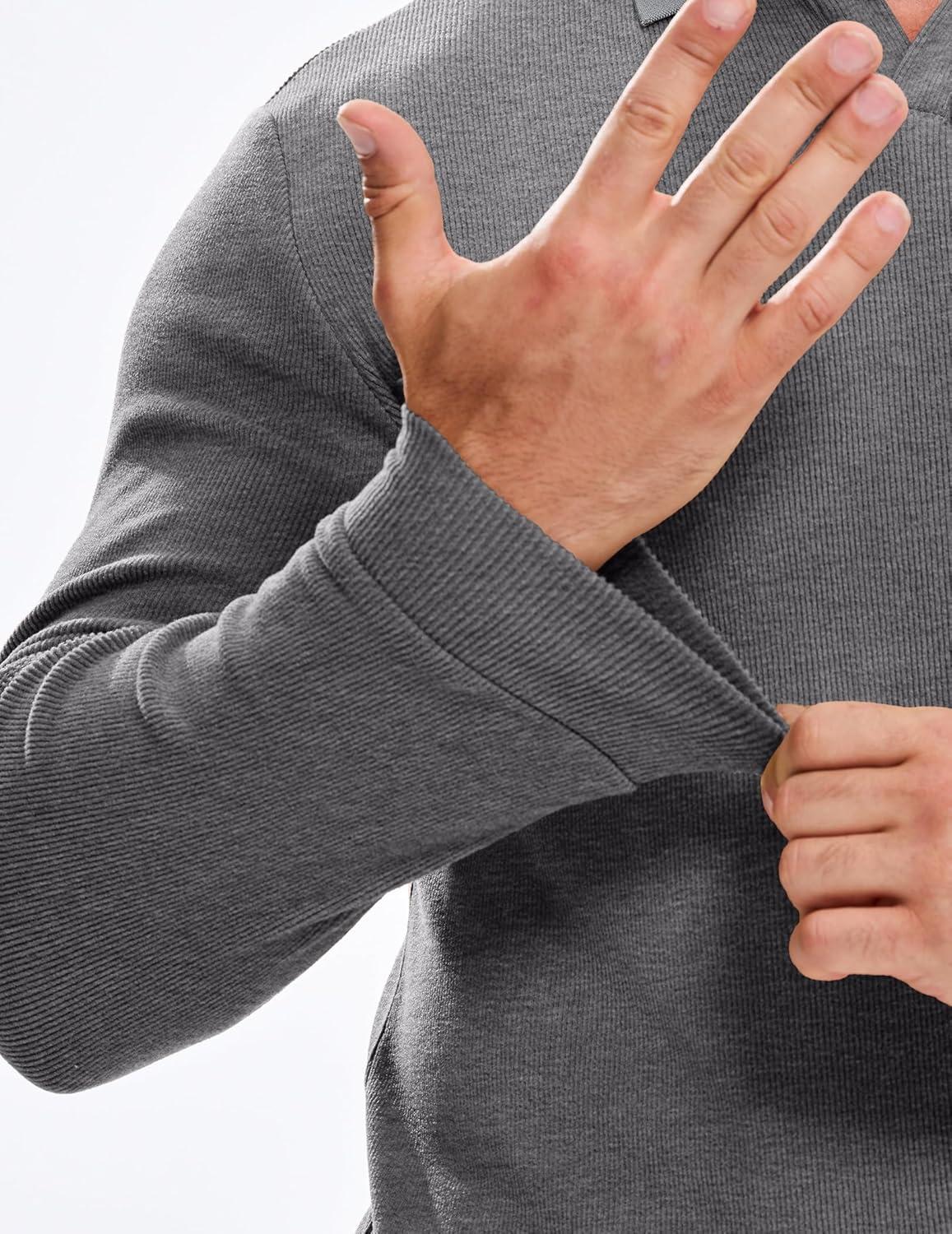 imageJMIERR Mens Casual Buttonless Polo Shirt Long Sleeve V Neck Ribbed Knit Golf ShirtsA Medium Grey