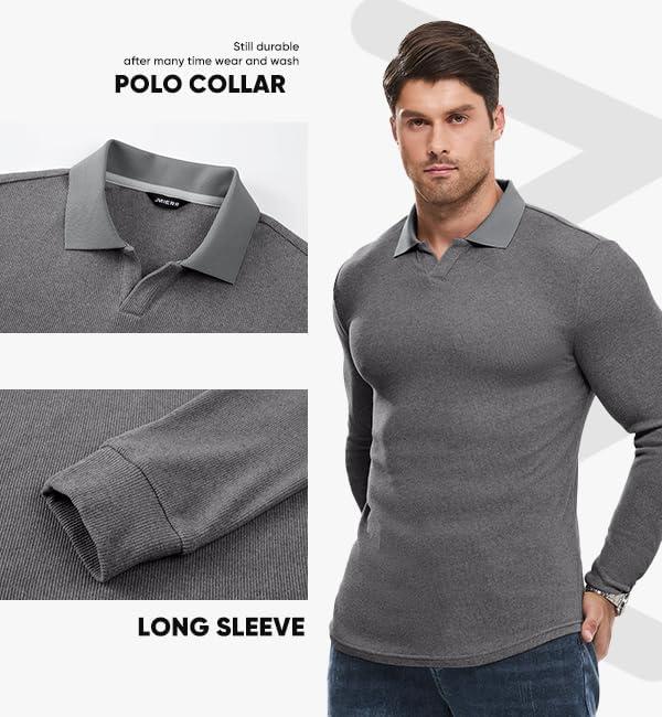 imageJMIERR Mens Casual Buttonless Polo Shirt Long Sleeve V Neck Ribbed Knit Golf ShirtsA Medium Grey