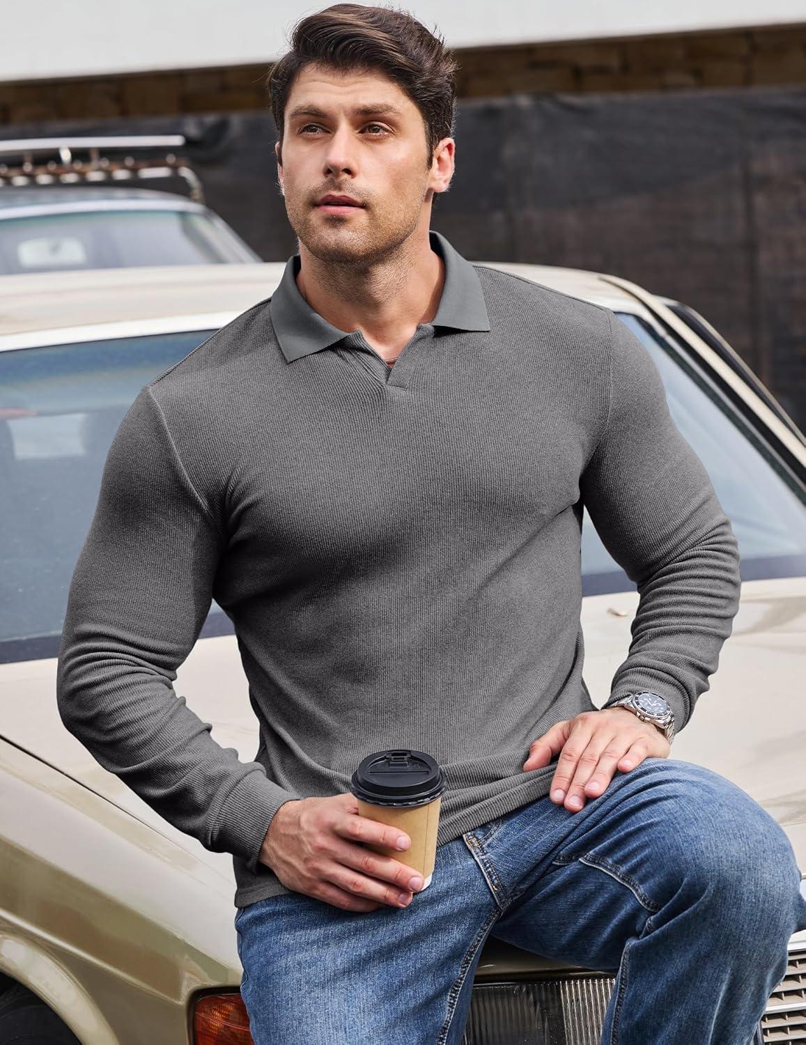 imageJMIERR Mens Casual Buttonless Polo Shirt Long Sleeve V Neck Ribbed Knit Golf ShirtsA Medium Grey