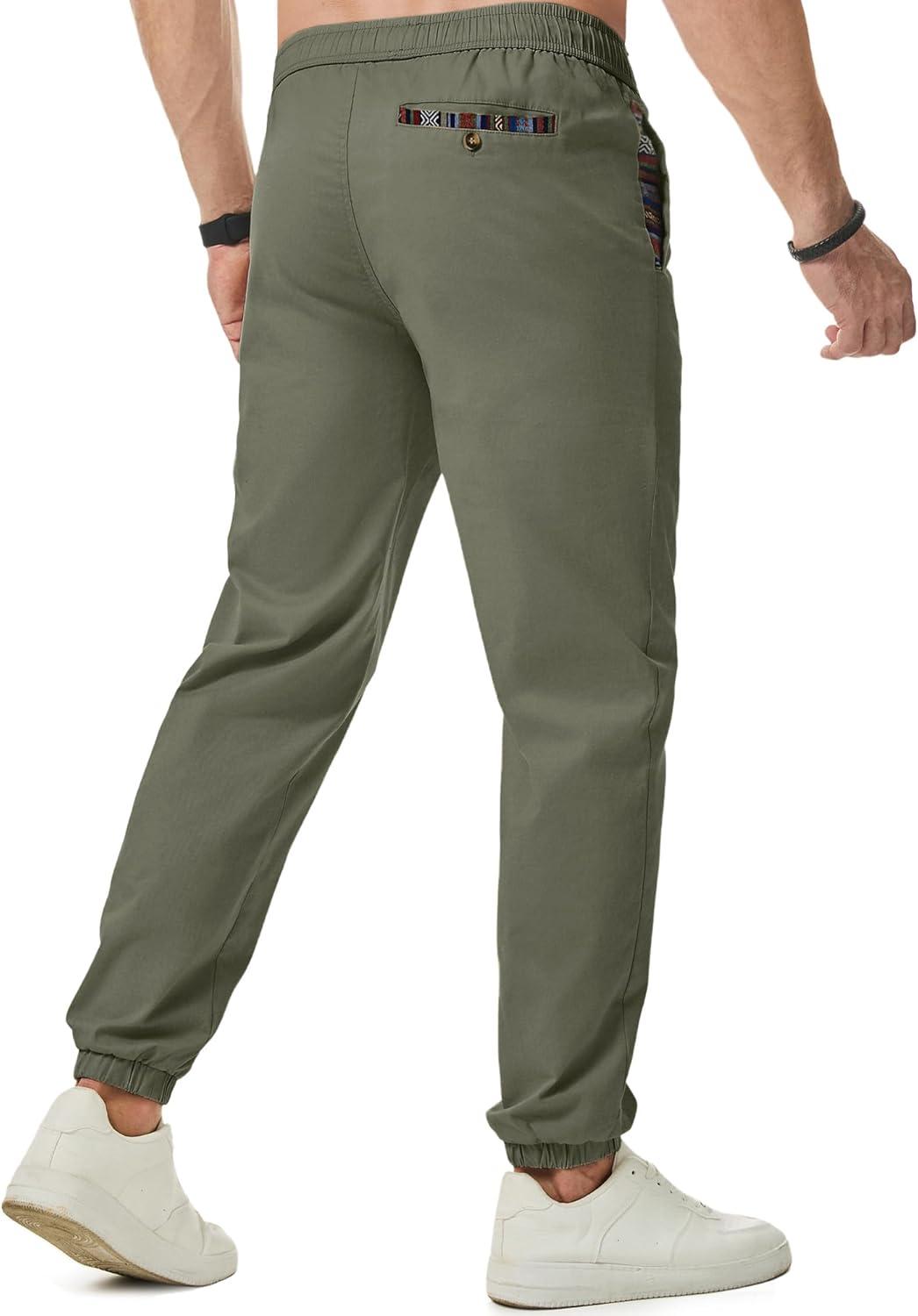 imageJMIERR Mens Casual Chino Joggers Pants Cotton Twill Elastic Drawstring Waist Tapered Pants with PocketsVineyard Green